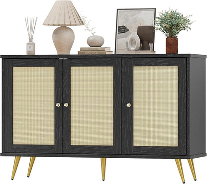 Shintenchi Large Rattan Storage Cabinet, Modern Sideboard Cabinet, Accent Large Storage Space Cabinet with Rattan Decorated Doors for Living Room, Dining Room, Black