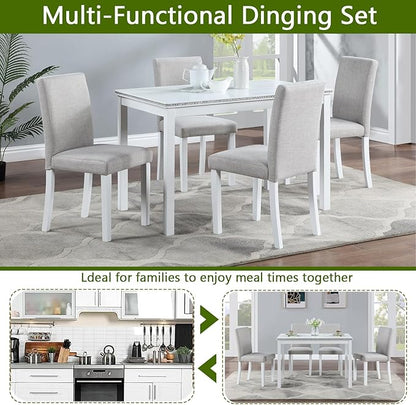 KEIKI 5-Piece Standard Height Dining Table Set with Rectangular Table and 4 Upholstered Chair, for 4 Person, Modern Crystal Decoration Wooden Table Set, Easy Assembly, for Kitchen, Dining Room, White