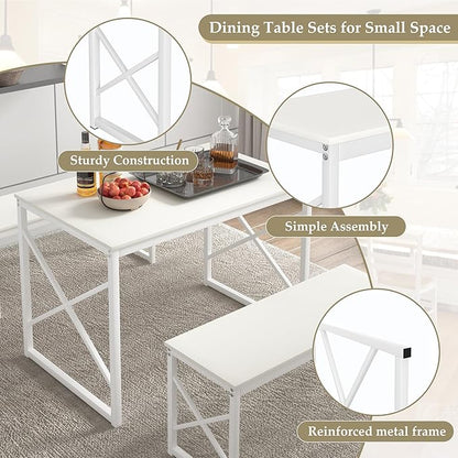 VECELO Kitchen Dining Table Set for 4, 43.3" Wood Rectangle Dinette with 2 Benches, Heavy-Duty Metal Frame for Small Space, Breakfast Nook, White