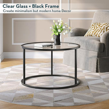 SAYGOER Round Coffee Table Glass Small Coffee Tables for Living Room, 27.6 inch Modern Center Table for Office Apartment, 5 MM Tempered Clear Glass Top, Black Metal Frame