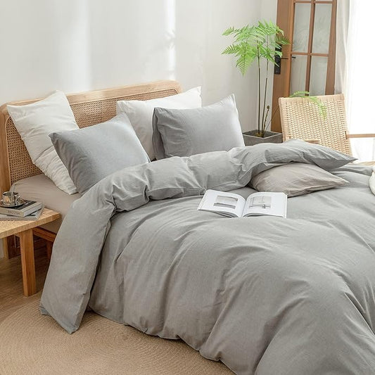 BESTOUCH Duvet Cover Set 100% Washed Cotton Linen Feel Super Soft Comfortable Chic Lightweight 3 PCs Home Bedding Set Solid Light Grey Oversized Full