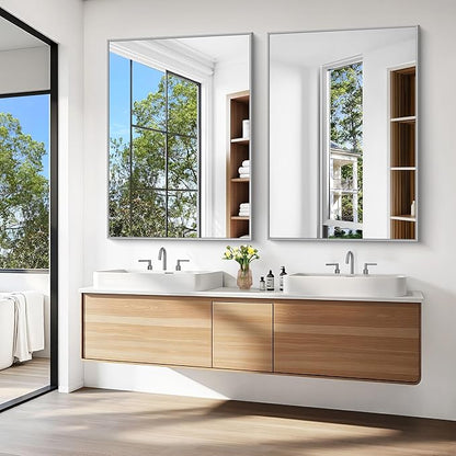 KOCUUY Silver Bathroom Mirror, 48"x36" Large Rectangular Mirror with Metal Frame, Brushed Nickel Vanity Mirror with Modern Design for Bathroom, Living Room, Entryway, Hang Horizontal/Vertical