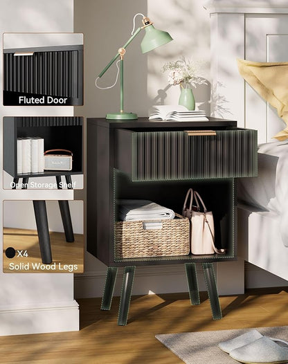 YMYNY Mid Century Modern Nightstand, Side Table, Fluted Night Stand with Drawer, Open Shelf Unit, Golden Handle, Solid Wood Legs, Bedside Table, for Bedroom, Black UHST013B