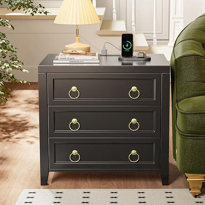 Huuger 23.6 Inch Night Stand with Charger Station and USB-C Port, 3 Drawer Nightstands Set of 2, Larger Wider Bedside Table, Modern End Table, for Bedroom, Black Nightstand