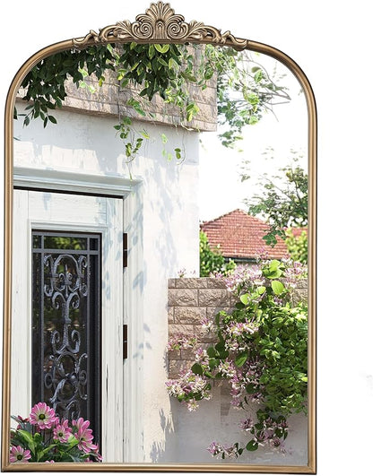 30" x 40" Antique Gold Arched Mirror for Wall, Vintage Brass Bathroom Mirror with Metal Frame, Bronze Ornate Gold Vanity Mirror for Entryway, Mantel, Powder Room