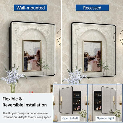 30x32 Inch Bathroom Medicine Cabinet with Mirror Black Metal Framed Mirror Cabinet Recessed or Surface Wall Mounted Medicine Cabinets for Bathroom