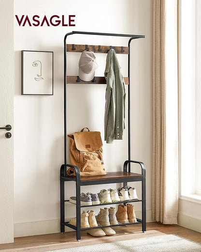 VASAGLE 6-Tier Bookshelf, Tall Display Shelf, Freestanding Storage Shelf, Rustic Brown ULBC61BX Coat Rack, Hall Tree with Shoe Bench for Entryway, Rustic Brown and Black UHSR40B