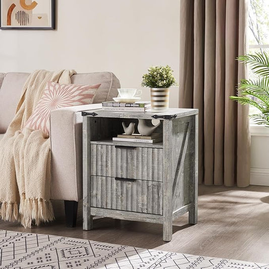 Grey Nightstand with Charging Station Set of 2-20 Inch Wide Farmhouse Fluted Bedside Table with 2 Drawers, Modern Wood End Side Table for Bedroom Study Storage Home