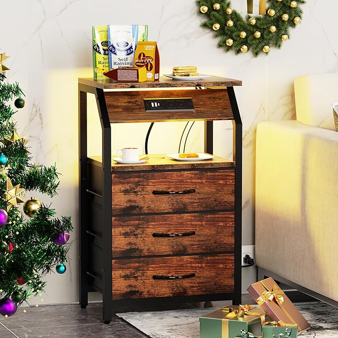 End Table with Charging Station, Nightstand with LED Lights and 3 Drawers, Small Dresser with Fabric Storage, Retro Side Table for Bedside, Living Room Dorm, Rustic Brown