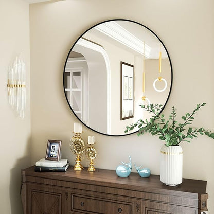 Round Mirror 15.7" Black Wall Mounted Circle Mirrors Vanity Mirror with Aluminum Alloy Frame Modern Decoration for Bathroom, Living Room, Vanity, Bedroom, Entryway