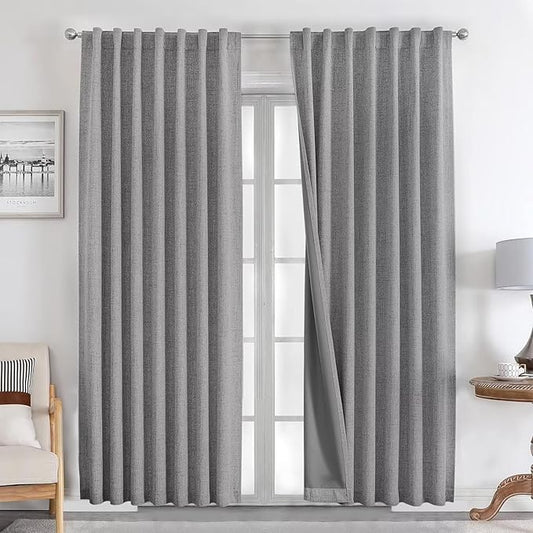 Joydeco Natural Linen Curtains 120 inch Length 2 Panels Set Burg 100% Blackout Patio Door Curtain Room Darkening Sliding Door Curtains Thermal Insulated Back tab Rod Pocket(105x120 inch, Light Grey)