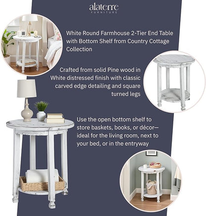 Rustic Cottage Round End Table w/ 1 Shelf, White Antique, 20" x 20" x 24", Farmhouse Style - Unique Accent Piece, Constructed of Select Hardwoods/Composite Wood, End Table w/ Drawer & Shelf