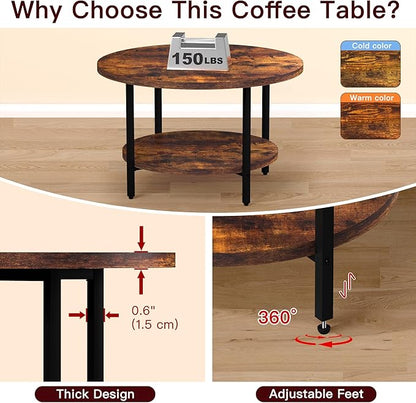 Coffee Table, 2 Tier Coffee Tables for Living Room, Round Coffee Table with Storage, Floor Table for Bedroom, Home Office, Rustic Brown (27.6" D x 17.7" H)