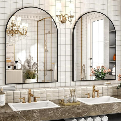 30x38 Inch Arched Bathroom Mirror - Black Metal Frame Wall Mounted Vanity Mirror for Bathroom, Bedroom, Living Room, Hanging or Leaning Decorative Mirror