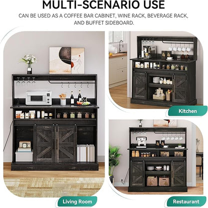 YITAHOME Buffet Cabinets with Upper Rack, Farmhouse Coffee Bar Cabinet with Power Outlet & Goblet Holder, 47 Inch Sideboard Cabinets with Sliding Barn Door for Kitchen, Living Room (Dark Rustic Oak)
