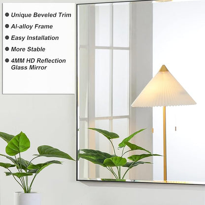 30x30 Inch Black Mirror with Beveled Trim, Aluminum Frame Bathroom Vanity Mirror, Copper-Free Mirror, Rectangle Wall Mounted Mirror, Modern Rectangular Mirror Horizontal or Vertical