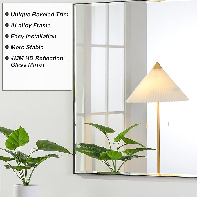 30x36 Inch Black Mirror with Beveled Trim, Aluminum Frame Bathroom Vanity Mirror, Copper-Free Mirror, Rectangle Wall Mounted Mirror, Modern Rectangular Mirror Horizontal or Vertical