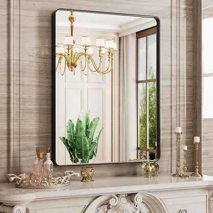 20X30 Inch Black Bathroom Mirror, Black Metal Framed Mirror for Wall, Rounded Rectangle Matte Bathroom Vanity Mirror with Tempered Glass, Anti-Rust, Horizontal/Vertical