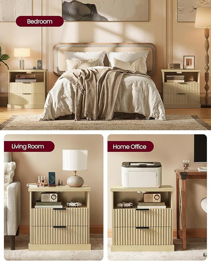 VASAGLE MAXE Collection - Set of 2 Nightstands with Charging Station, Bedside Table, Side End Table with 2 Drawers, Open Shelf, 2 AC Outlets, 2 USB Ports, Transitional, Bedroom, Oak Beige ULET926Y01