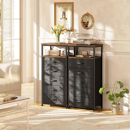 Huuger 5 Drawers Tall Dresser with Charging Station, Dresser for Bedroom, Tall Night Stand, Chest of Drawers with Open Shelf, Bedside Table Nightstand, Fabric, Rustic Brown and Black