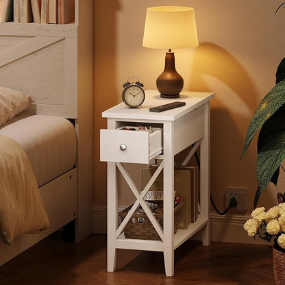 ChooChoo End Table with Charging Station, Narrow Side Table with USB Ports and Outlets, Nightstand with Drawer, for Small Spaces, Bedside Tables for Living Room White