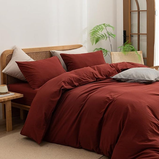 BESTOUCH Duvet Cover Set 100% Washed Cotton Linen Feel Super Soft Comfortable Chic Lightweight 3 PCs Home Bedding Set Solid Fired Brick Red King