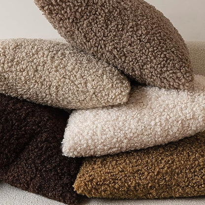 Foindtower Set of 2 Curly Teddy Wool Pillow Covers Decorative Boucle Textured Lumbar Throw Pillow Faux Fur Sherpa Pillowcases Sheepskin Fuzzy Cushion Case for Sofa Bedroom Car 12"x20" Dark Brown
