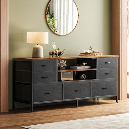 Huuger TV Stand Dresser with Power Outlets and LED Lights, 7 Drawers, 47 Inch Console, Rustic Brown and Black