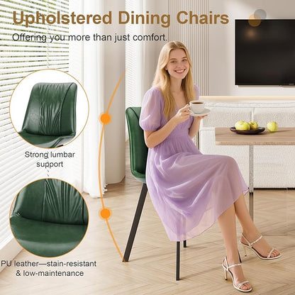 Upholstered Dining Chairs Set of 2, Modern Kitchen & Dining Room Chairs, Faux Leather, Sturdy Metal Legs, for Living Room, Cafe & Restaurant- Green