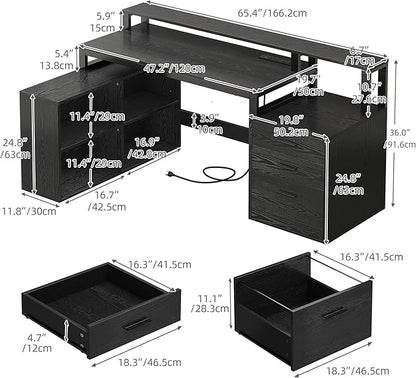 DWVO L Shaped Desk with Drawers, 65" Computer Desk with Power Outlets & LED Lights, Corner Home Office Desk with Storage Shelves & Printer Stand, Black