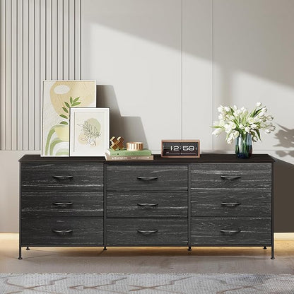 WLIVE 63''W Dresser for Bedroom, Black Dresser TV Stand for 65, 70, 75 inch TV, Wide Chest of Drawers with 9 Drawer, Large Entertainment Center, Fabric Dressers with Wood Top for Closet, Living Room