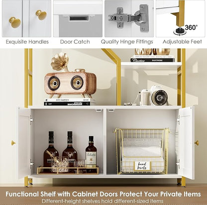 Keyluv 76" Tall Gold Bookshelf with Cabinet Storage, Multifunctional Open Display Bookcase with Door, Large Book Shelf Organizer for Living Room, Home, Office, Heavy Duty Metal & Wood, Modern White