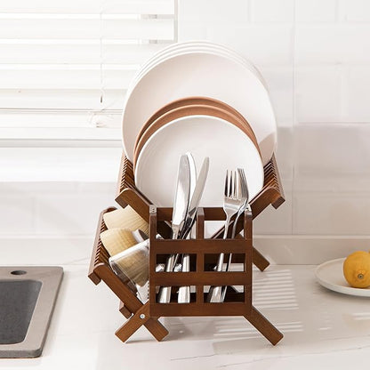 HBlife Dish Rack,Teak Folding 2-Tier Collapsible Drainer Dish Drying Rack with Utensils Flatware Holder Set
