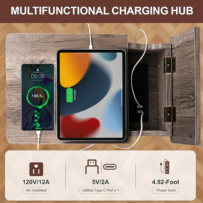 Small Gray Side Table Charging Station for Bedroom, Narrow Grey Living Room End Tables with Storage, Skinny USB Nightstand with Outlet, Gaming Coffee Table for Couch with USB Ports