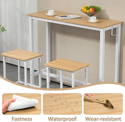 Finnhomy 47" Industrial Bar Table Set with 2 Stools - Counter Height Dining & Pub Table for Small Spaces, Kitchen, Apartment, Breakfast - Metal & Wood, Space-Saving Furniture - Oak Beige and White