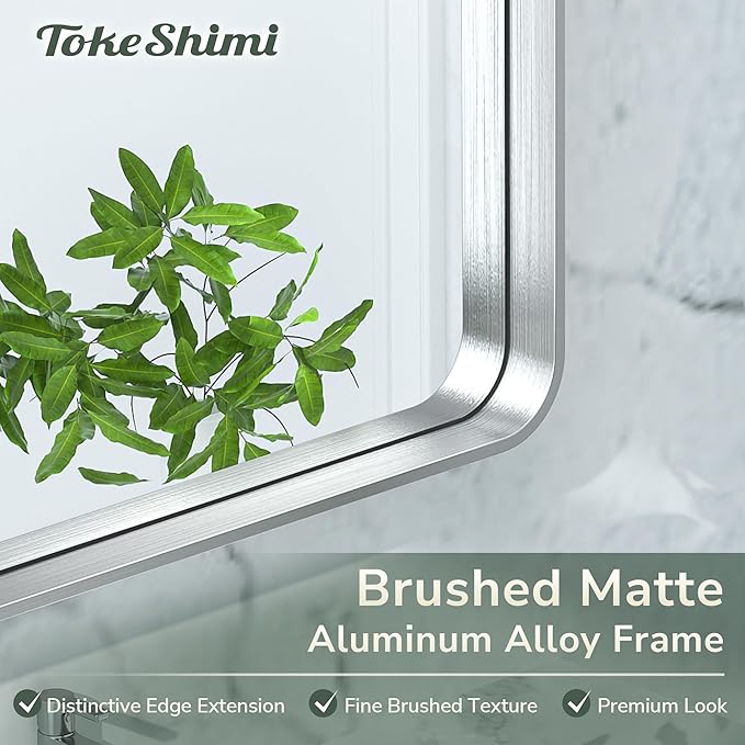 TokeShimi 48x40 Inch Brushed Silver Bathroom Mirror for Wall Metal Rounded Corner Rectangle Mirror Metal Frame Deep Set Design Hangs Horizontal Or Vertical