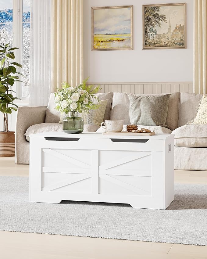 39.4" Storage Chest, Extra Large Storage Trunk with 2 Safety Hinges, Wooden Box Bench, Lift-Top Organizer Chest, Shoe Bench for Entryway, Bedroom, Living Room, White SB03403X