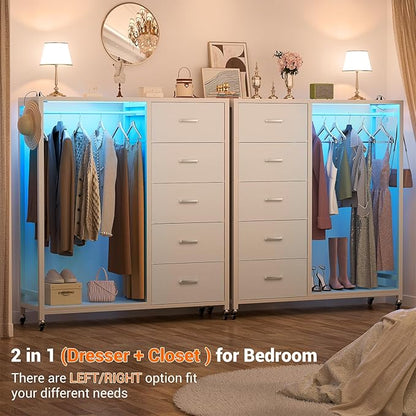Cyclysio Dresser for Bedroom with Clothes Rack, 5 Fabric Drawers Dresser with Charging Station & LED Lights, White Storage Chest of Drawers with Wheels, Wooden Top, Lockable Wheels, Closet, White