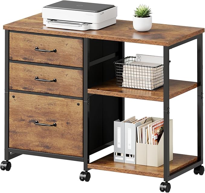 3 Drawer File Cabinet with Wheels Rolling Printer Stand with Open Storage Shelf Fabric Lateral Filing Cabinet for Home Office,Rustic Brown2