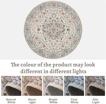 Tangsoo Vintage Round Rug 4ft Washable Circle Rug, Non Slip Small Boho Round Rug, Low Pile Circular Rugs, Round Carpet for Bedroom,Entryway,Nursery,Dorm,Kitchen,Taupe