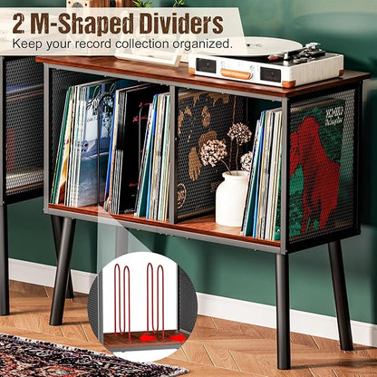 Record Player Stand with Adjustable Divider, Vinyl Storage Holder Up to 200 Albums, Mid-Century Large Record Player Table, Vinyl Holder Turntable Stand End Table Storage Rack for Bedroom & Living Room