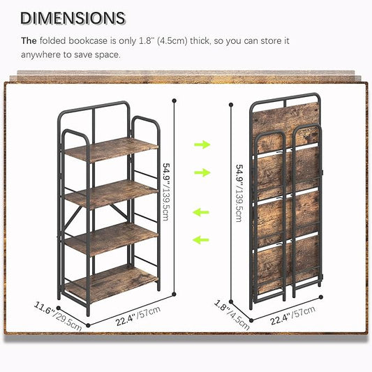 4NM No Assembly Folding Bookshelf 4 Tiers Vintage Industrial Black Book Shelf Metal Foldable Storage Bookcase and Bookshelves for Living Room,Bedroom and Kitchen - Rustic Brown