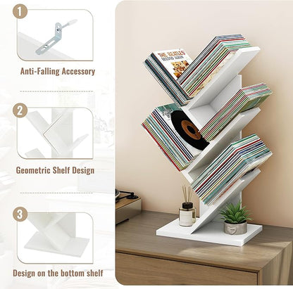 Hoctieon 4 Tier Tree Bookshelf, 4 Shelf Bookcase, Free Standing Tree Bookcase, Display Floor Standing Shelf for Books, Book Organizer Shelves for Home Office, Living Room, Bedroom, White