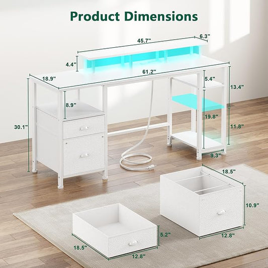 Furologee 61" Computer Desk with Power Outlet and LED Lights, Reversible Gaming Desk with File Cabinet & Monitor Stand for Home Office, Large Work Table with Storage Shelves & Drawer, White