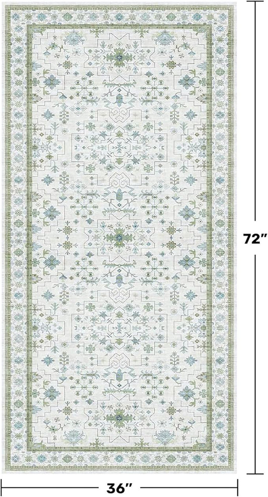 Blue and Green Washable Rugs 3x6 - Vintage Boho Floral Pastel Cream, Washable Low Pile Non Slip Small Throw Accent Area Rug for Entry Way, Laudry Room, Kitchen, Bedroom Beside Bed Decor