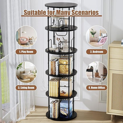 5 Tier Rotating Bookshelf, 360 ° Display Stackable Spinning Bookshelf Tower, Corner Bookshelf Tall Floor Standing Swivel Bookcase Narrow Storage Organizer for Bedroom, Living Room, Black