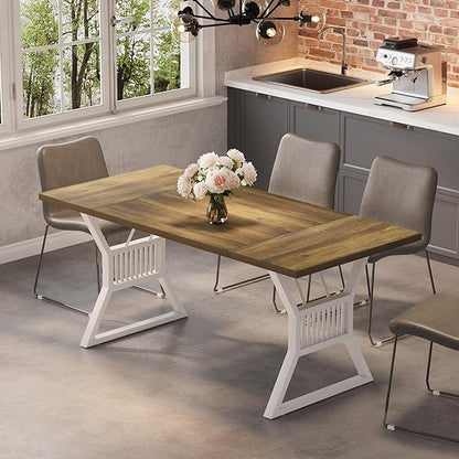 GarveeHome 70.8 Inch Dining Table 4-6 Person, Kitchen Table with Heavy Duty Metal Legs, Farmhouse Dining Room Table for Kitchen, Living Room