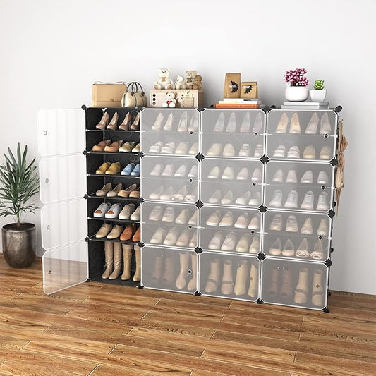 Portable Shoe Rack with Door, 64 Pairs Cabinet Easy Assembly, Plastic Adjustable Shoe Storage Organizer Stackable Detachable Free Standing DIY Expandable 8 Tier Black