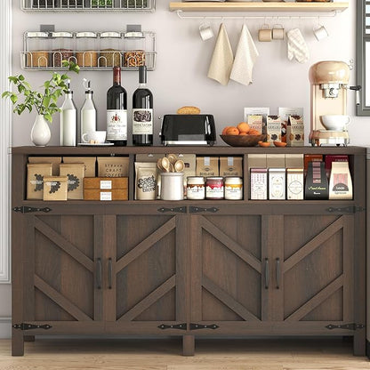 Buffet Sideboard with Storage Farmhouse with 4 Doors, 55'' Large Kitchen Storage Cabinet Wood Coffee Bar Cabinet Buffet Table with Shelves for Kitchen, Dining Room, Entryway (Brown, 55in)