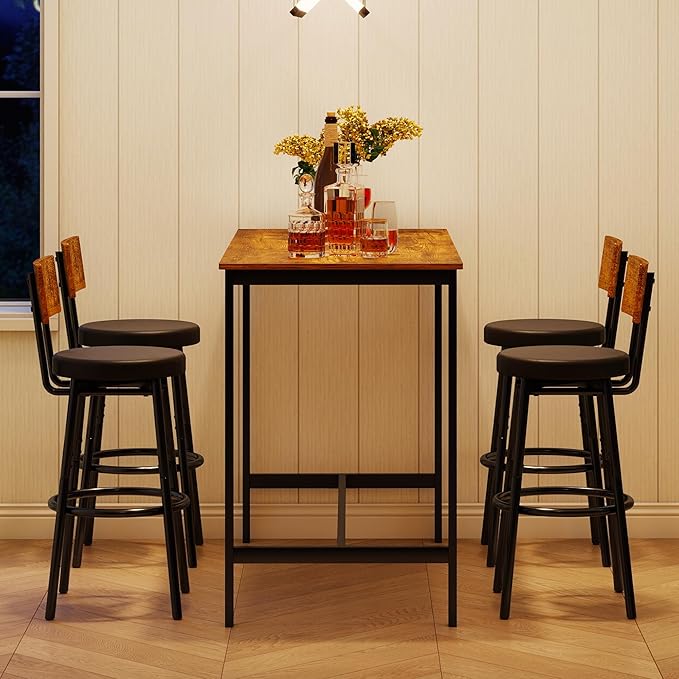 Tatub Bar Table and Chairs Set of 4, 5 Piece Counter Height High Breakfast Table Chairs Set of 4 for Dining Room, Brown